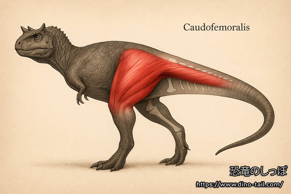 Reconstrucción de los potentes músculos de la cola de Carnotaurus (Caudofemoralis)