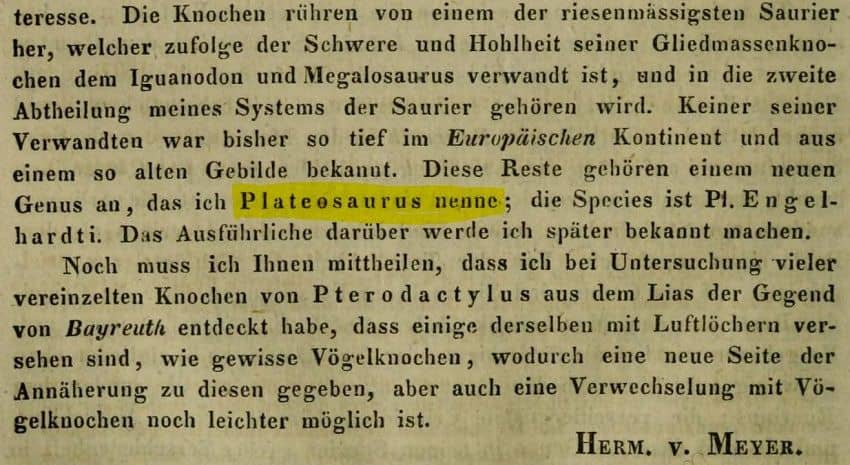 Extracto de la publicación original de Plateosaurus (1837)