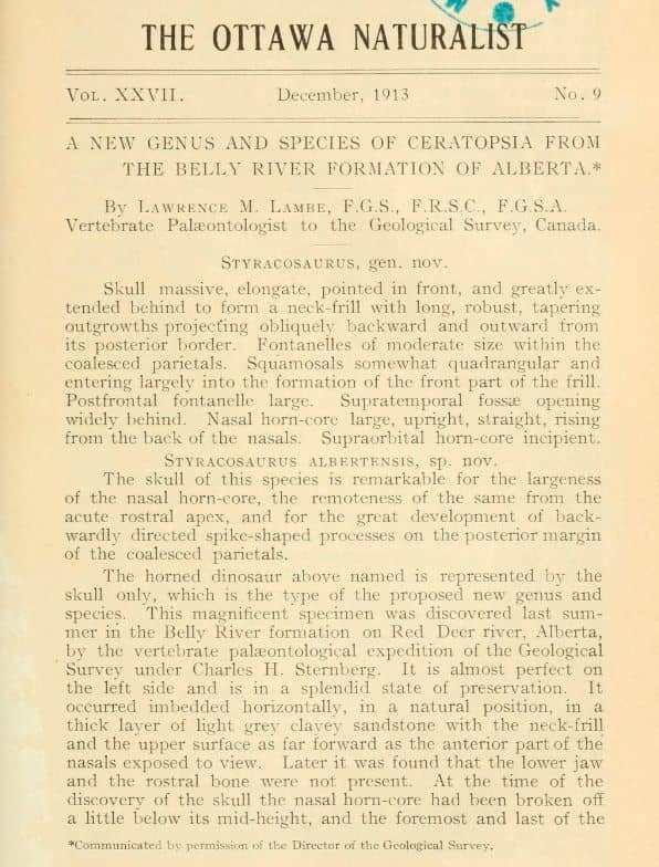 Extracto de la publicación de descripción de Styracosaurus (1913)